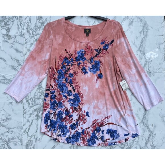 JM Collection 1X Cotton Candy CB Floral Print 3/4 Sleeve Top - Picture 1 of 7